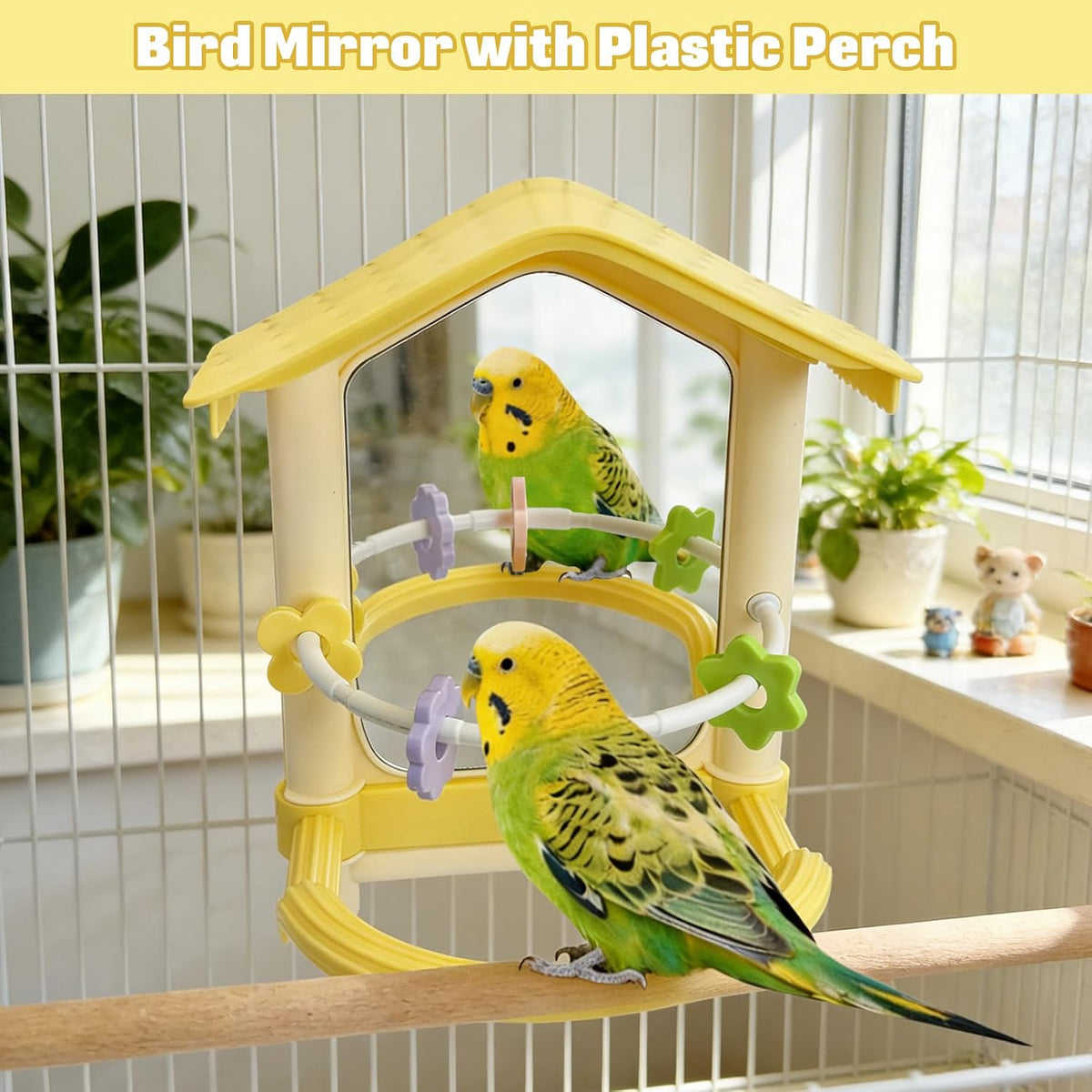 Bird Mirror with Plastic Perch and 5PCS Colorful Rattan Balls Parakeet Hanging Swing with Mirror Interactive Toy Bird Cage Accessories for Cockatiel Parrot Conures Cockatoo Finch(Yellow)