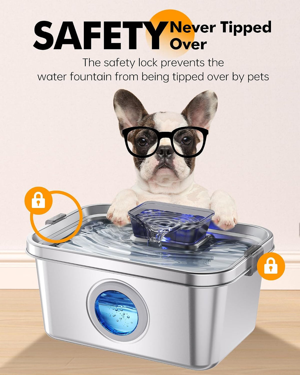 PETIMI Cat & Dog Water Fountain, 2 Gallon 304 Food Grade Stainless Steel Pet Water Fountain, Ultra Quiet Dog Water Bowl Dispenser, Safety Lock, Smart Water Pump Protection