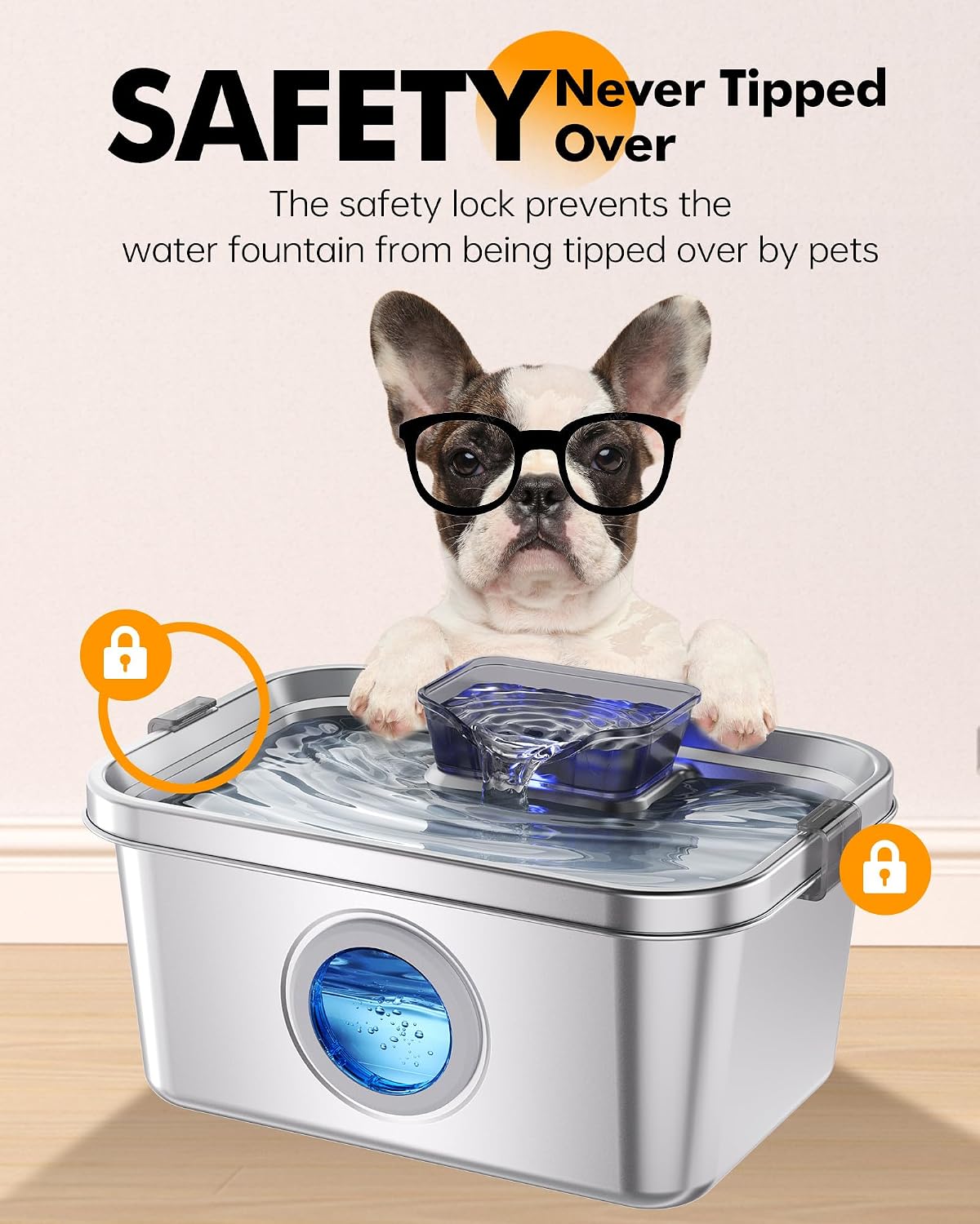 PETIMI Cat & Dog Water Fountain, 2 Gallon 304 Food Grade Stainless Steel Pet Water Fountain, Ultra Quiet Dog Water Bowl Dispenser, Safety Lock, Smart Water Pump Protection