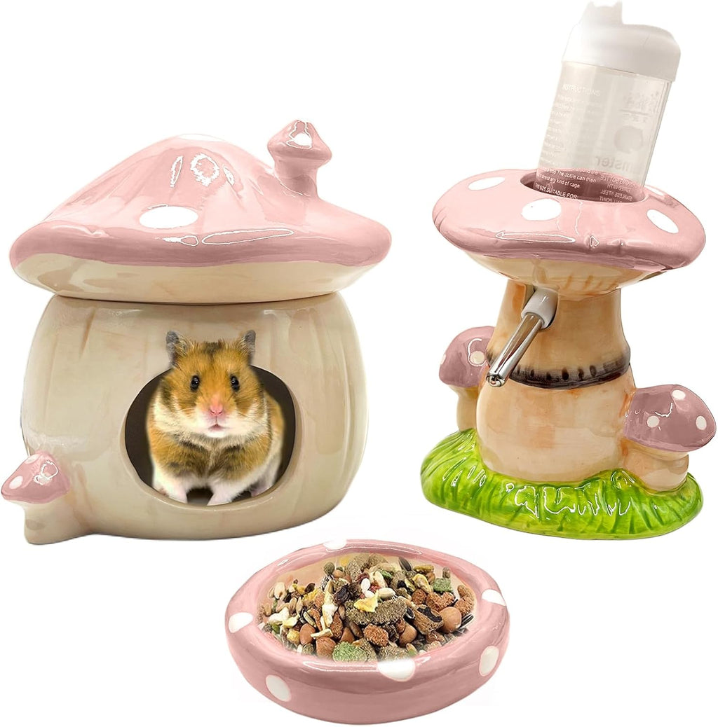 Mushroom Ceramic Hamster Hideout, Water Bottle with Stand, Food Bowl, Hamster Accessories (red)