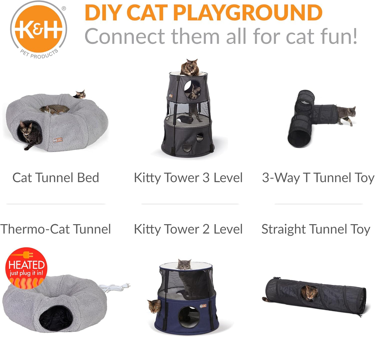 K&H Heated Cat Bed, Thermo-Kitty Heated Tunnel Indoor, Safety Listed, Gray