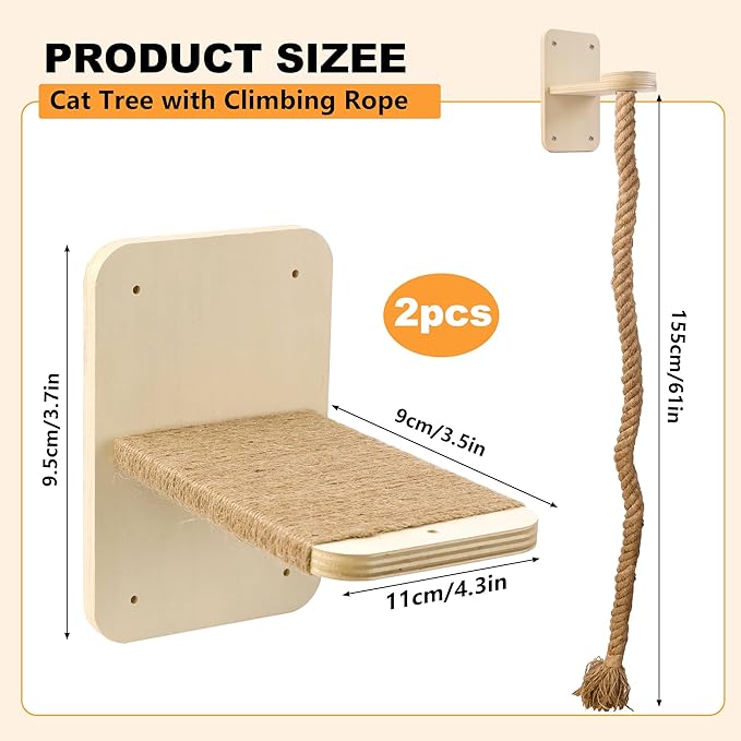 Cat Wall Shelves with 2 x 60 Inch Climbing Rope, Wall Mounted Cat Tree with - Image 2