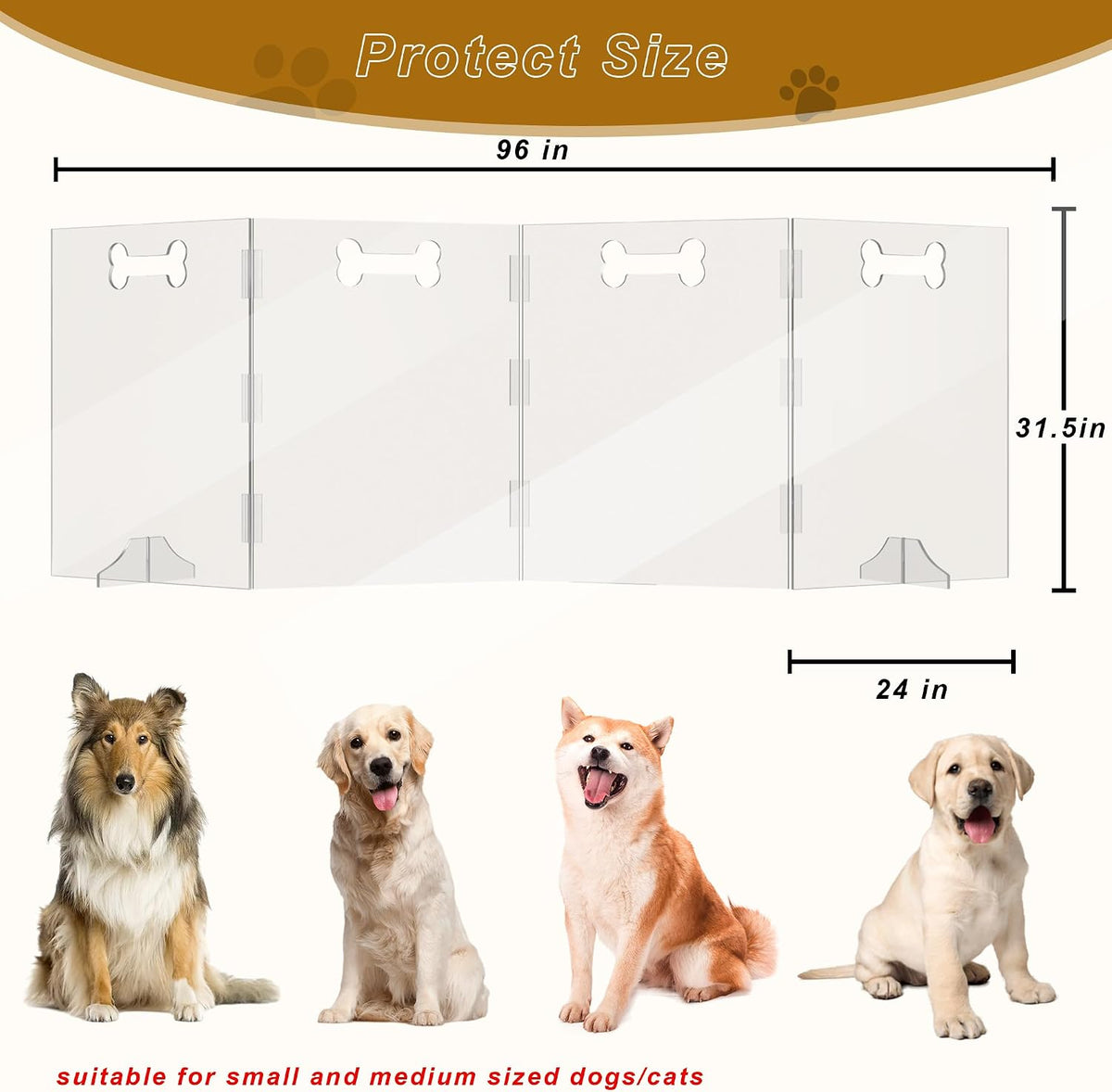 Clear Acrylic Dog Gate, 4 Panel 96" W x 31.5" H, Transparent Freestanding Pet Playpen Indoor, Foldable Pet Fence Barrier for Doorway with Handle/Support Feet