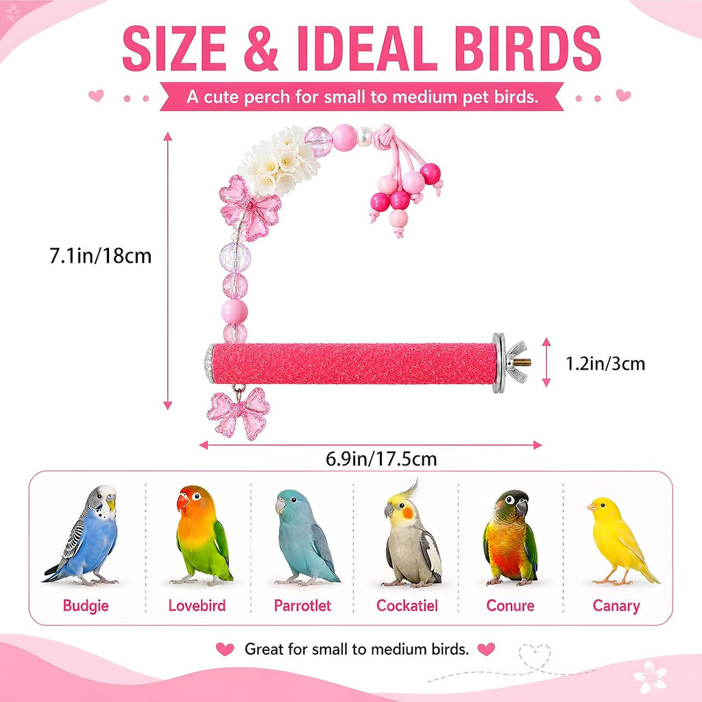Bird Parrot Perch with Beads and Bow Chew Toy,Cage Platform Toy and Exercise Accessories for Budgies Parakeets Cockatiels Conures and Lovebirds (Blush Pink)