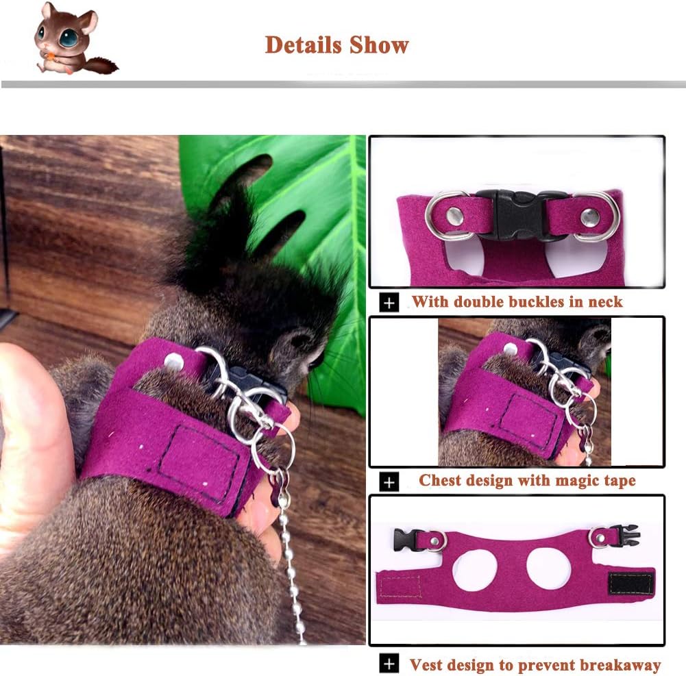 Squirrel Traction Rope with 1.8m Lead Leah, Adjustable Small Animal Walking Harness, Anti-Biting Chain Rope Vest Strap for Hamster Gerbil Rat Mouse Ferret Chinchilla and Small Animals