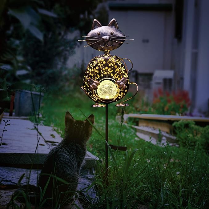 KAIXOXIN Garden Solar Lights Metal Cat Crackle Glass Globe Stake Light - Image 3