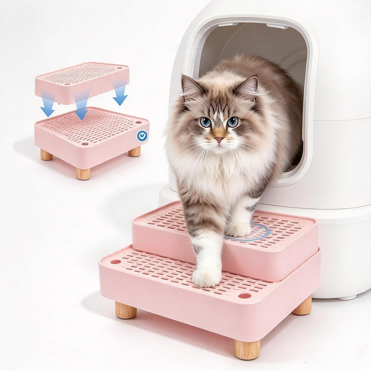 Litter Box Step Ramp Catcher with Wooden Base