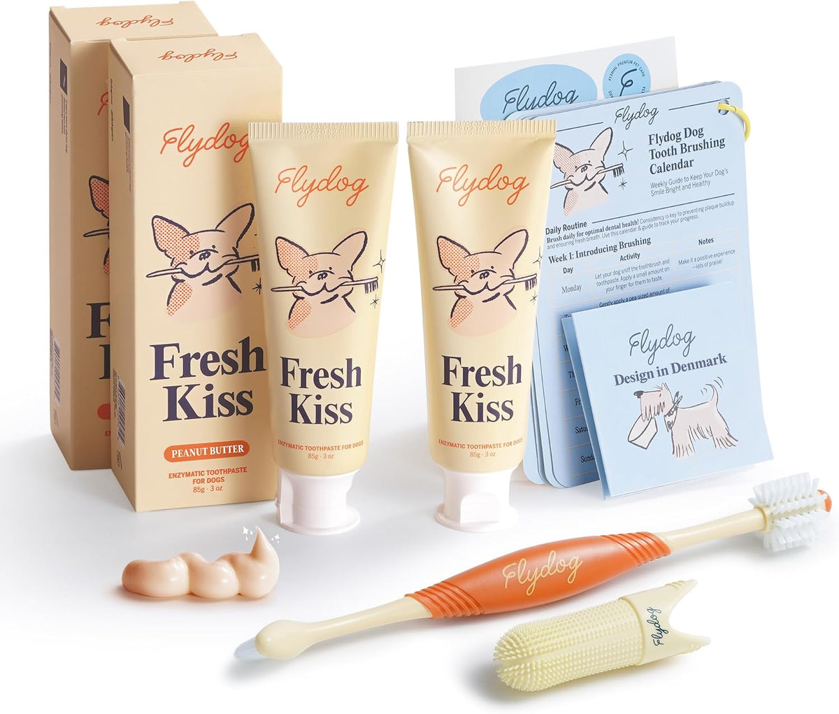FlyDog Fresh Kiss Dog Tooth Brushing Kit - Vet Approved Formula, Enzymatic Dog Toothpaste and Brush - Breath Freshener & Tartar Remover, 360° Toothbrush & Finger Brush, Dental Guide, Mint Flavor