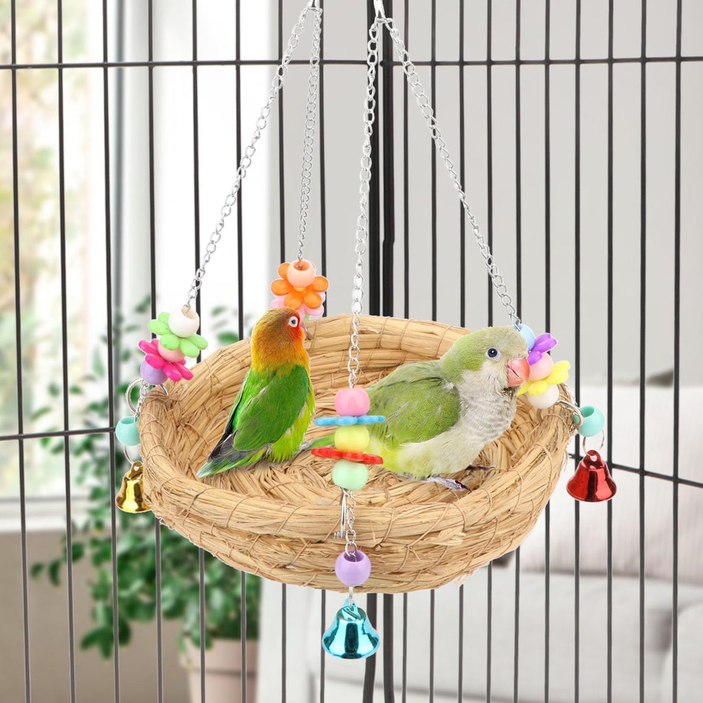 Hypeety Natural Handwoven Straw Bird Nest Bed Bird Swing Toy with Bells
