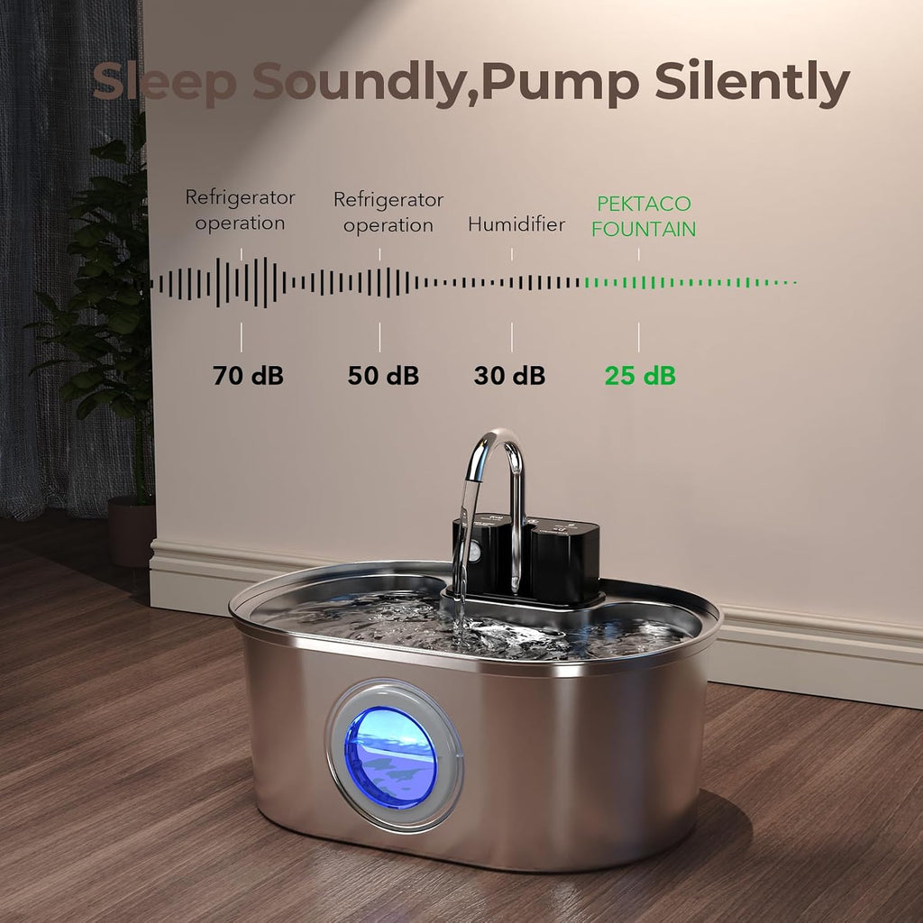 PEKTACO Wireless Cat Water Fountain, 108oz/3.2L Stainless Steel, 1 Filter