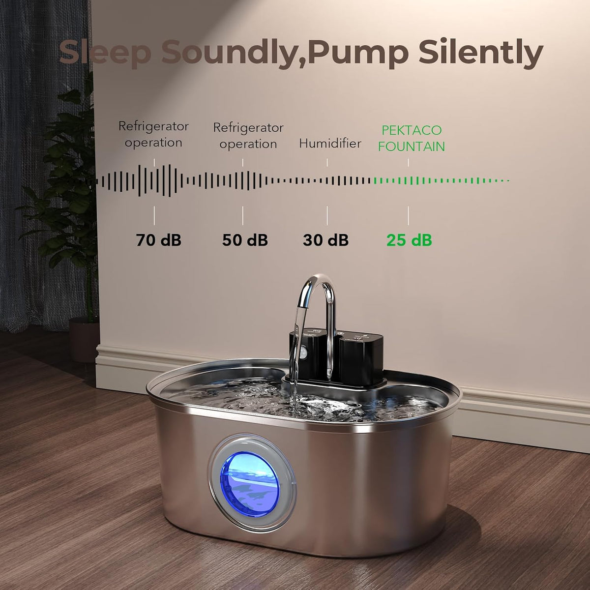 PEKTACO Wireless Cat Water Fountain, 108oz/3.2L Stainless Steel, 1 Filter