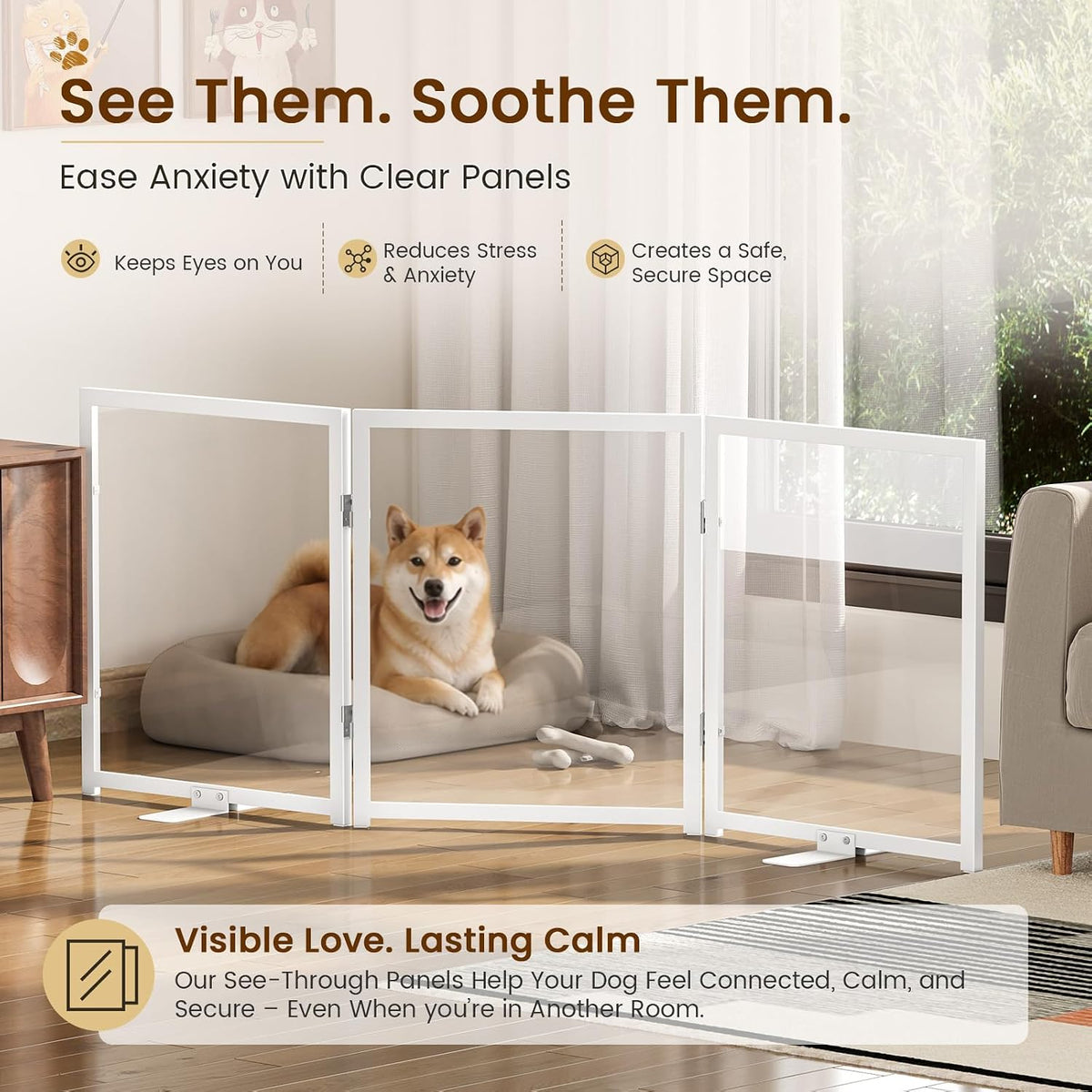 Snughome Clear Freestanding Dog Gate, 23.62" H Acrylic Pet Gate, 61.2" W