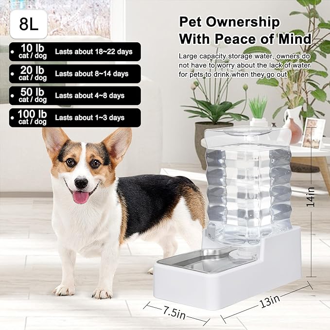 Dog Cat Water Dispenser: 8L White Upgraded Gravity Feeder - Image 3