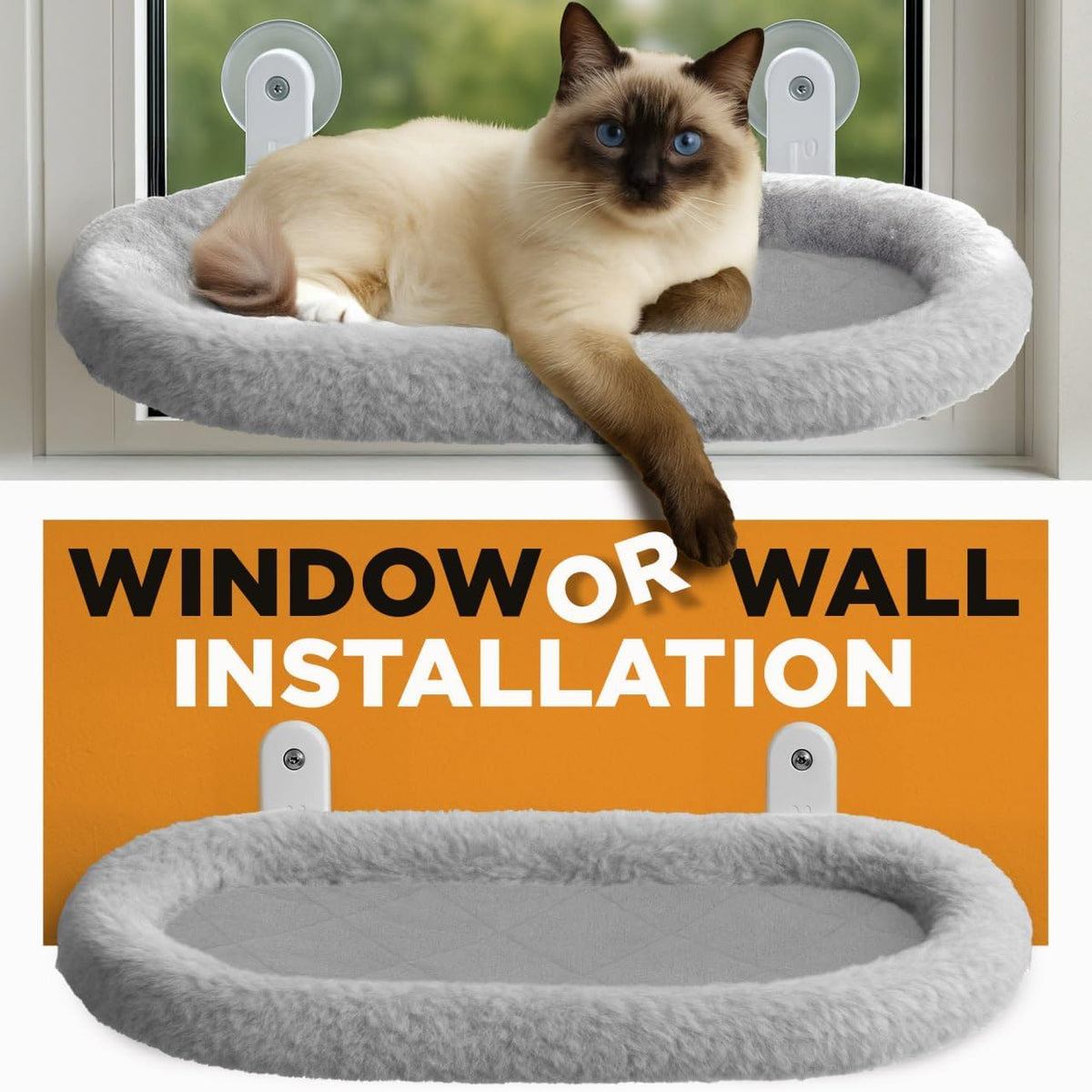 Cat Window Perch – Strong 6 Suction Cup Foldable Cat Hammock Bed for Large Cats and Kittens That Holds up to 50 lbs with Washable Reversible Cover, Sturdy Metal Frame for Window (Gray)