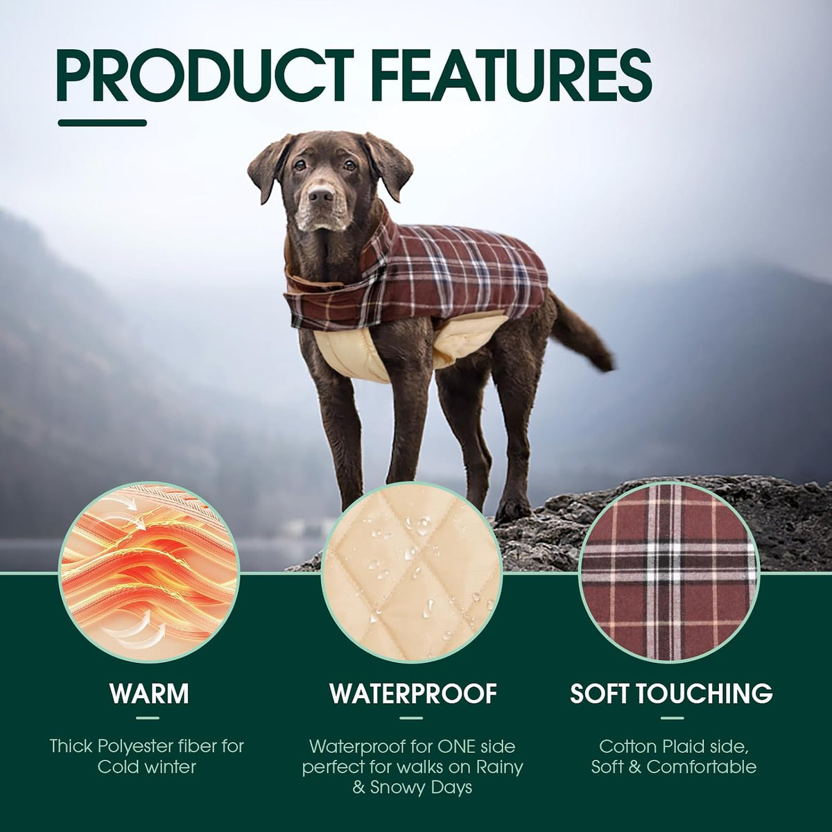 Kuoser Waterproof Dog Coat, Warm Reversible Dog Jacket with Leash Hole