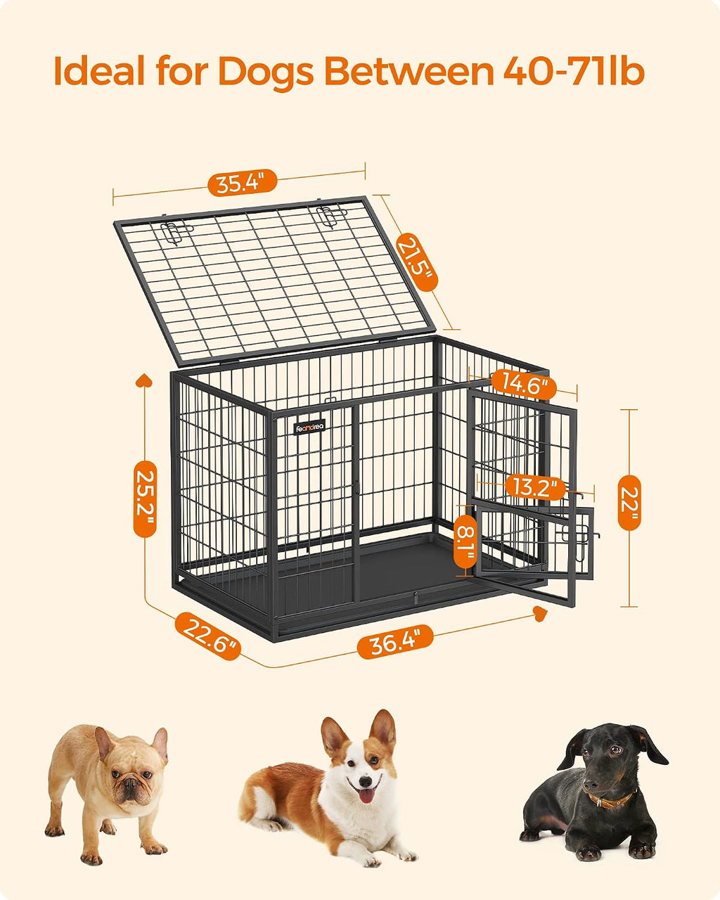 Feandrea 36.4" Heavy-Duty Dog Crate, Convenient Feeding Door, Double Doors
