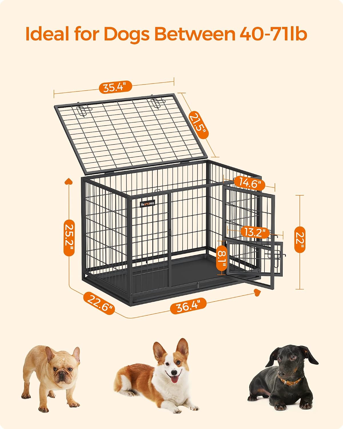 Feandrea 36.4" Heavy-Duty Dog Crate, Convenient Feeding Door, Double Doors