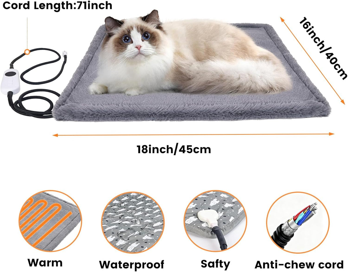 Cat Heating Pad with Timer, 9 Temperature Adjustable,Waterproof Electric Pet Heating Pad with Velvet Cover,Auto Power-Off, Anti-bite Dog Heat Pad for Dogs Cats -17.7''x15.7''