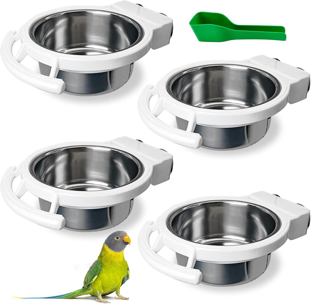 BNOSDM 2 PCS Bird Feeding Dish Cups Perch Stand Hanging Stainless Steel Bird Bowls Food Container Food and Water Bowls with Spoon for Budgie Cockatoo Finch Lovebirds Pigeons (White)