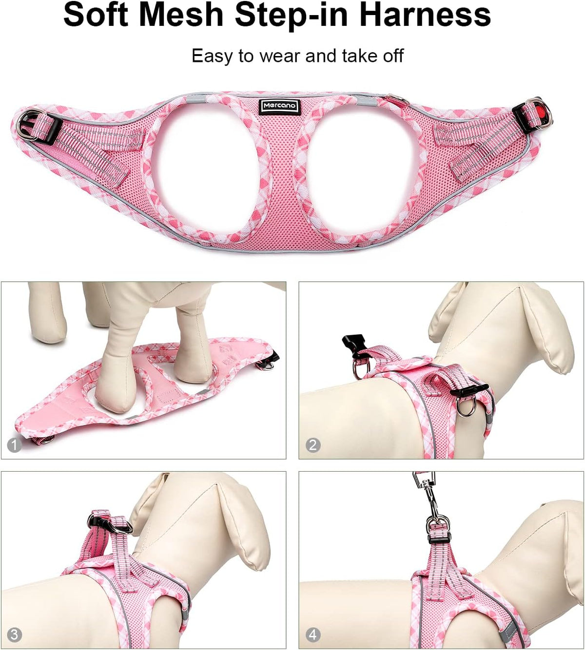 Mercano Soft Mesh Dog Harness and Leash Set, Step-in Reflective Breathable Lightweight Vest Harnesses with Safety Buckle for Small Dogs, Cats (Pink, XXS)