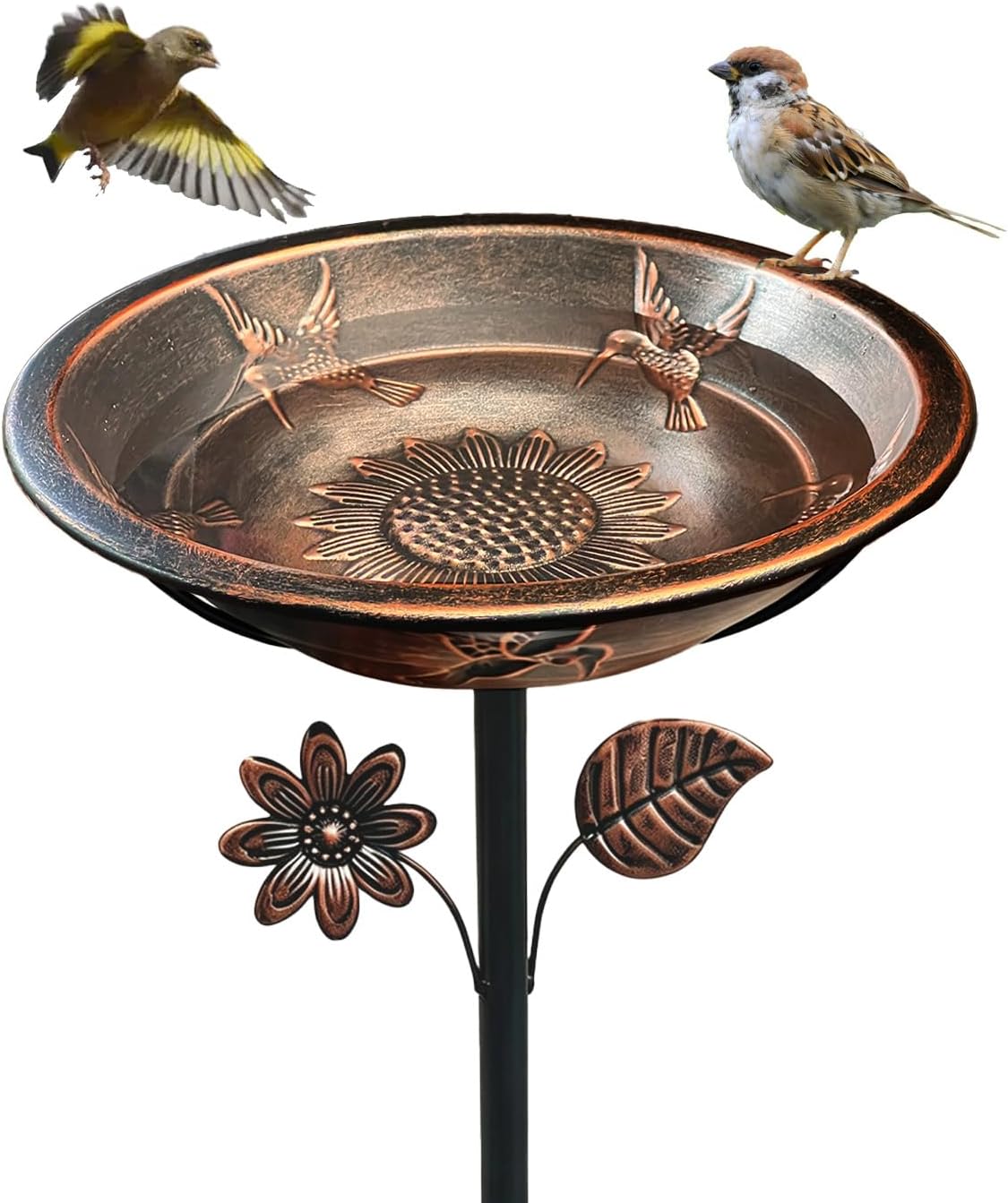 Metal Bird Bath for Outside Hummingbird Embossed Bowl with Stake
