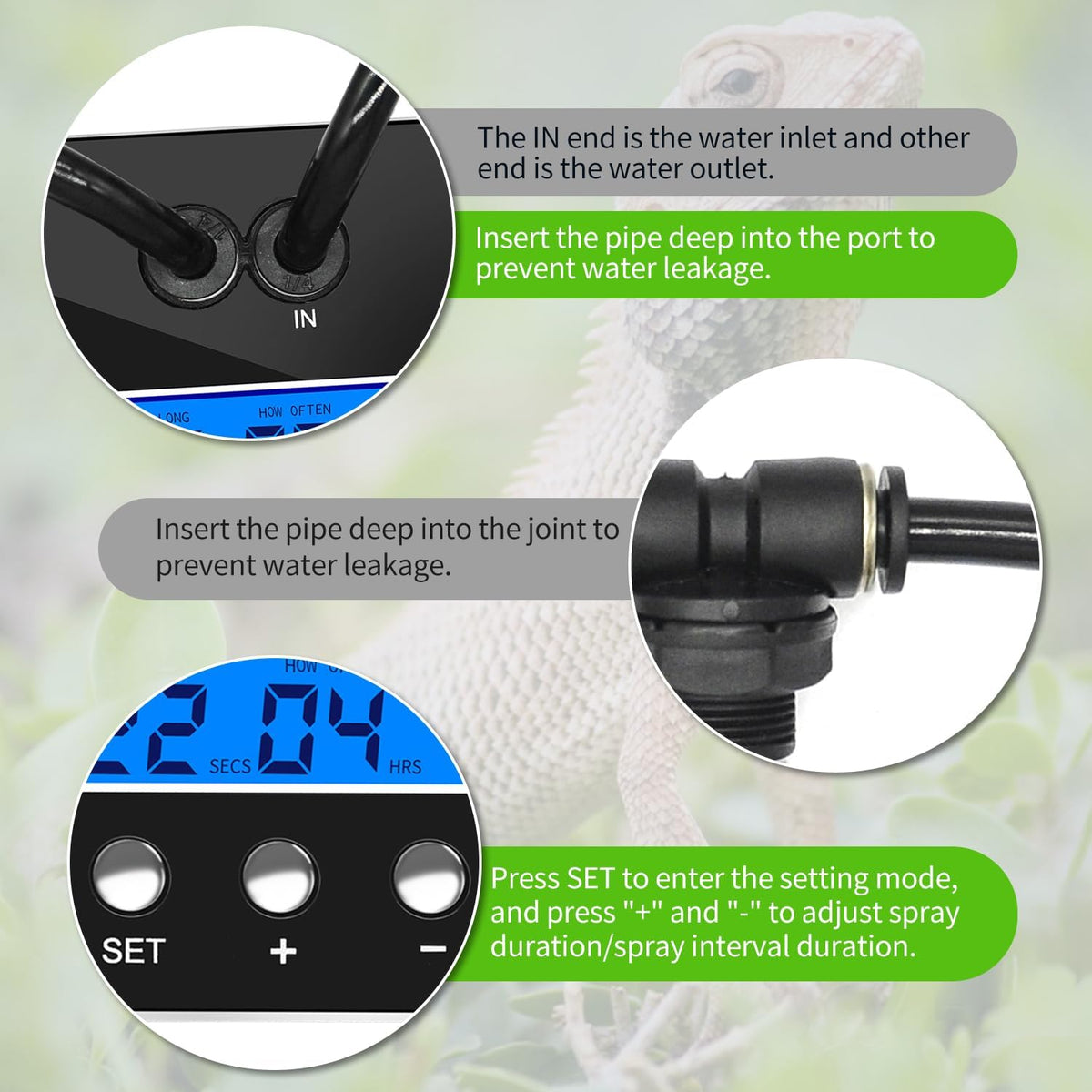 reptile humidifier, LCD with timing function, time length and interval can be set, reptile mister system with 2 spray nozzles, misting system for reptiles of amphibians, tanks, Paludarium