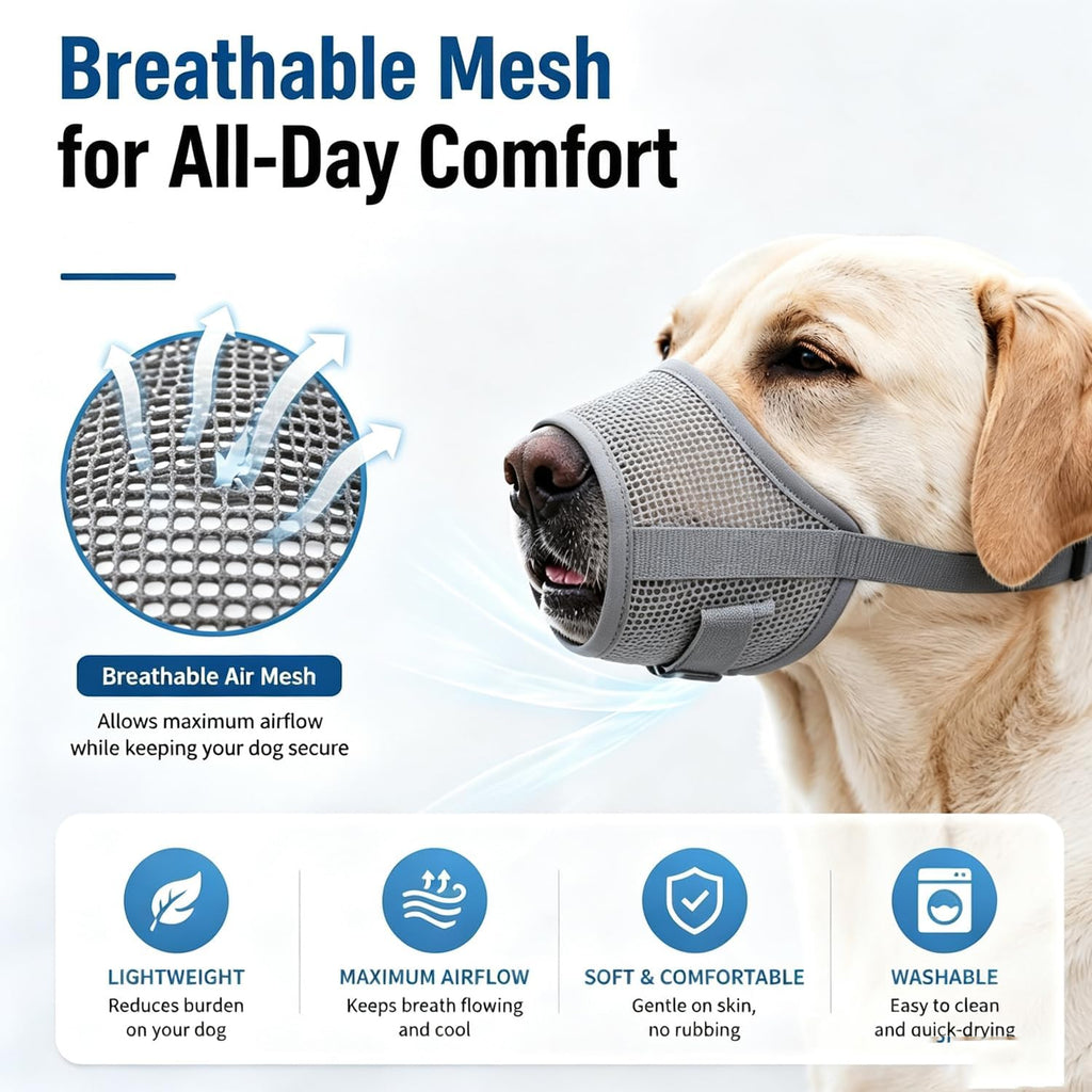 Adjustable Dog Muzzle, Breathable Soft Mesh Anti-Bite Muzzle,Black and Gray