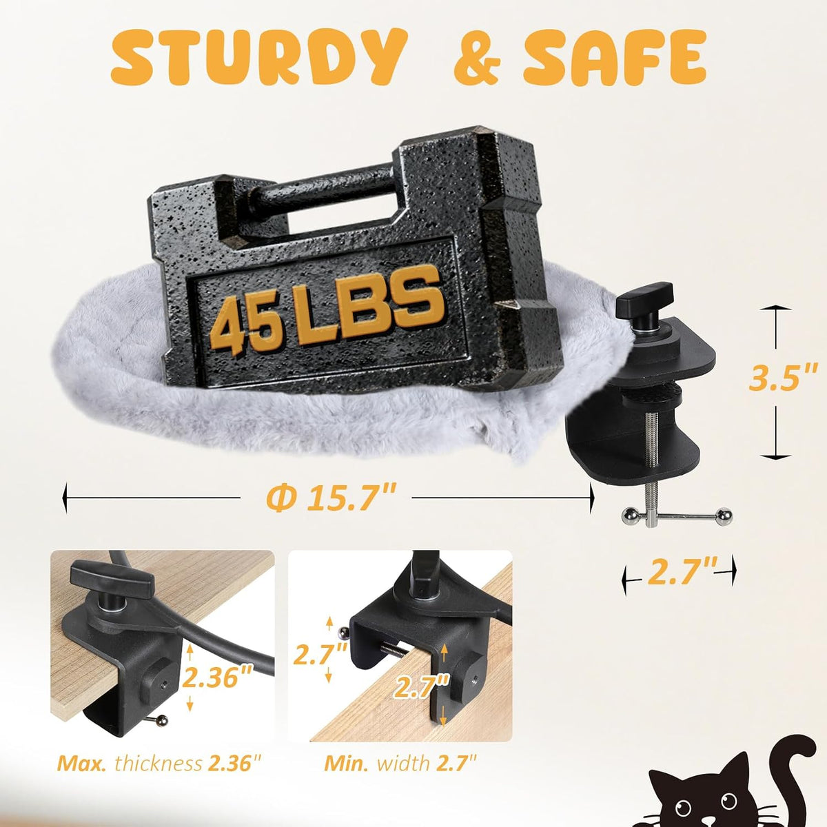 Cat Desk Bed, 16" Desk Mounted Cat Hammock with 360°Swivel Arm,Up to 45LBS