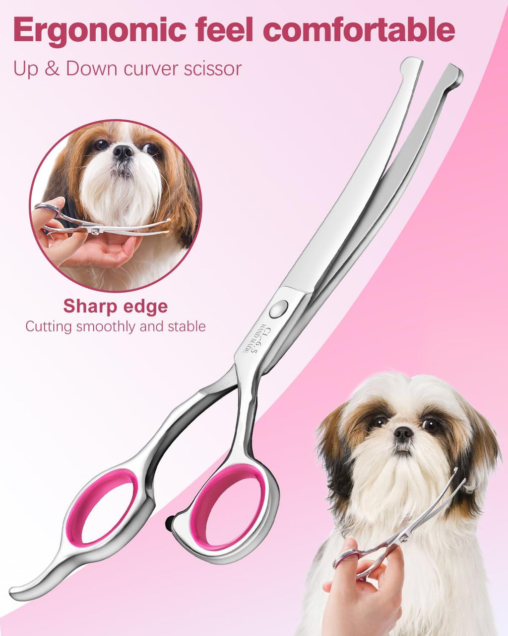 Furry Professional Pet Grooming Scissors with Safety Round Heads - 6 in 1 Curved Scissors for Dogs and Cats