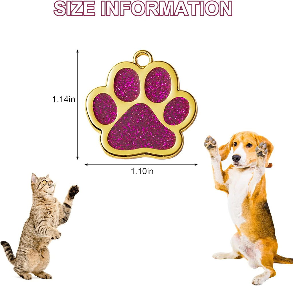 Pet ID Tag, 8 PCS Glitter Paw Print Pet ID Tags Personalized Dog Name Tag with 8 PCS Key Rings for Cats Dogs Puppy, Paw Shape