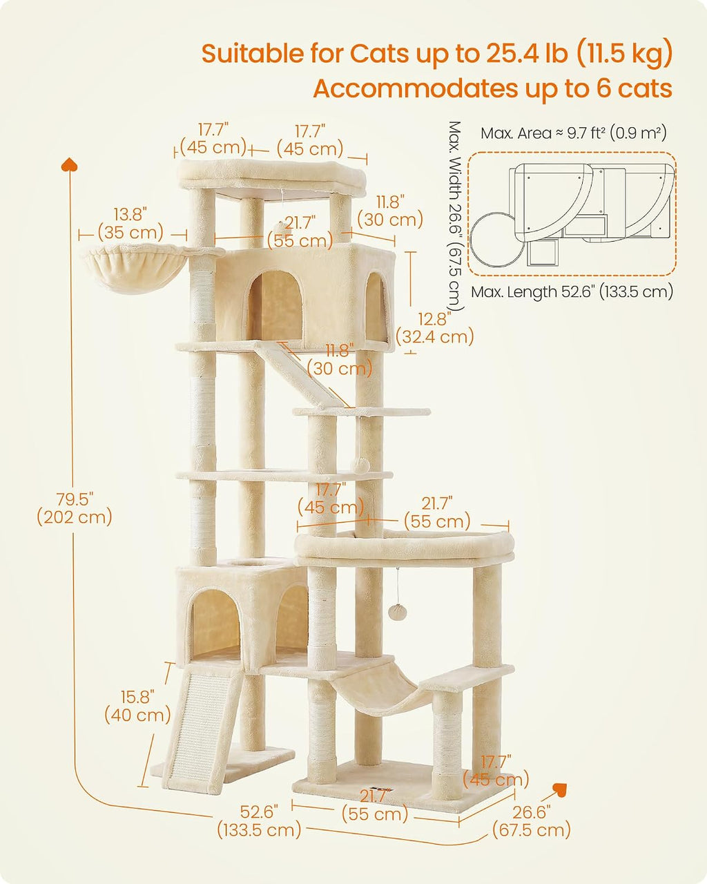 Feandrea Cat Tree, 79.5" Heavy Duty Cat Tower Condo for Indoors, Beige
