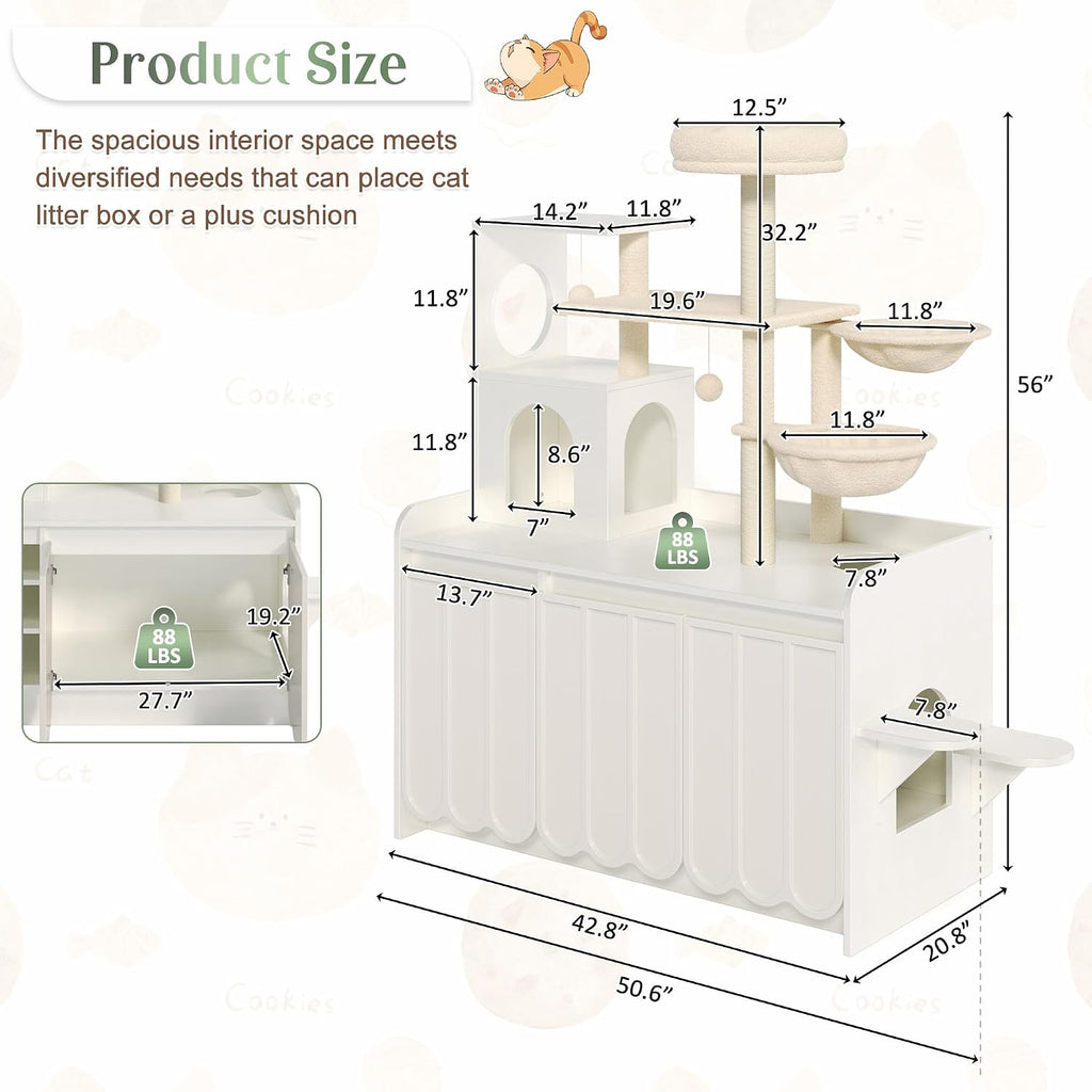 50.6" Cat Tree with Hidden Litter Box Enclosure, Modern White Cat Tower with Sisal Scratching Posts, Storage Cabinet, Hammocks, Platforms, Condo and Top Perch, Indoor Multi-Level Play & Rest Furniture