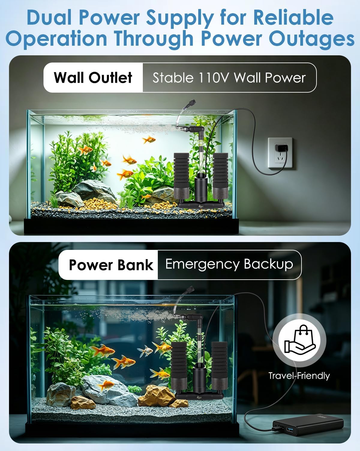AQQA USB Electric Sponge Filter for Aquarium, No Air Pump Needed Submersible Fish Tank Filter with Bio Ceramic Media & 110V Adapter, Quiet 360° Rotatable Outflow for Betta Shrimp Fry Breeding Tank