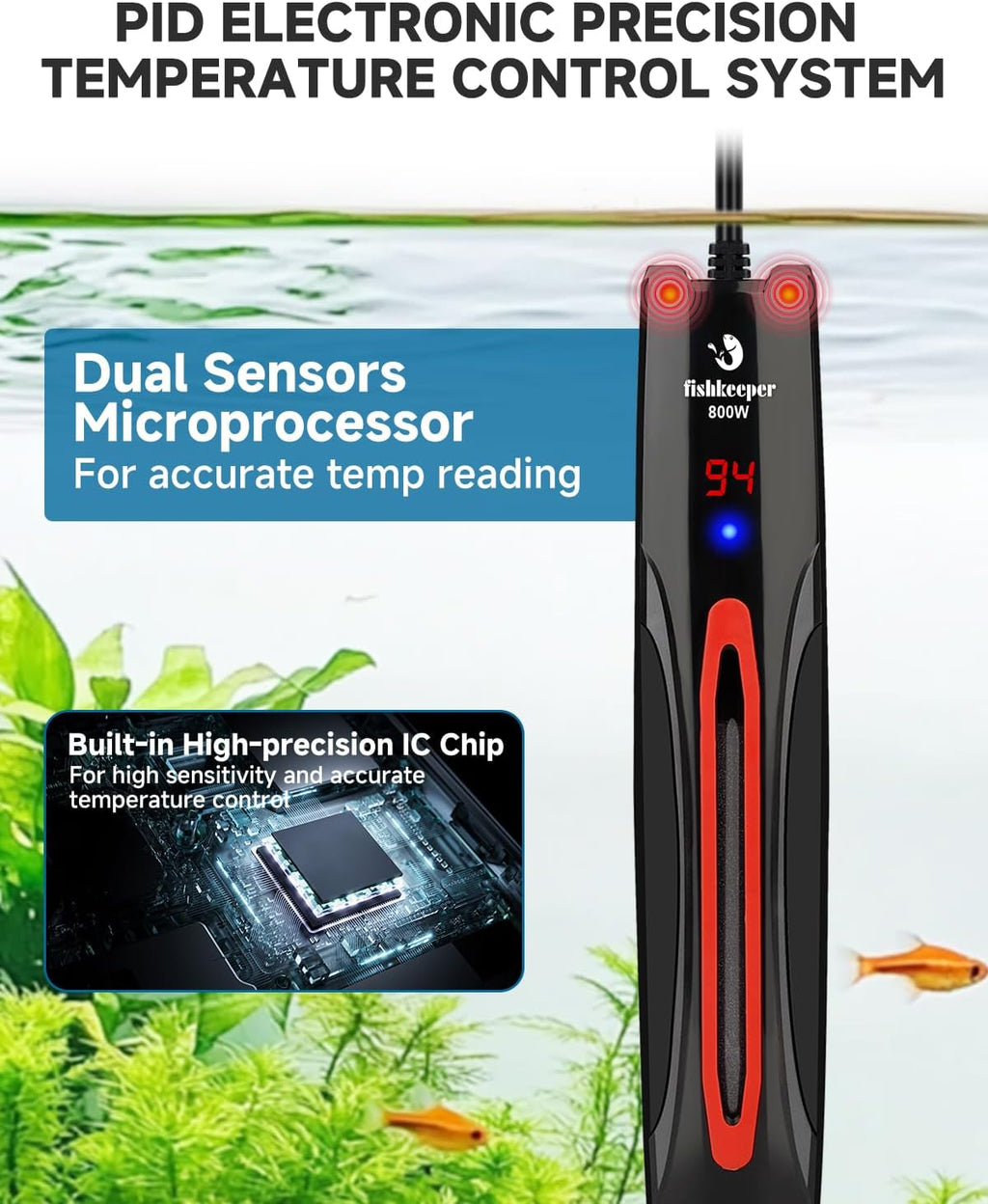 fishkeeper 800W Adjustable Submersible Aquarium Heater, 40-220 Gallon