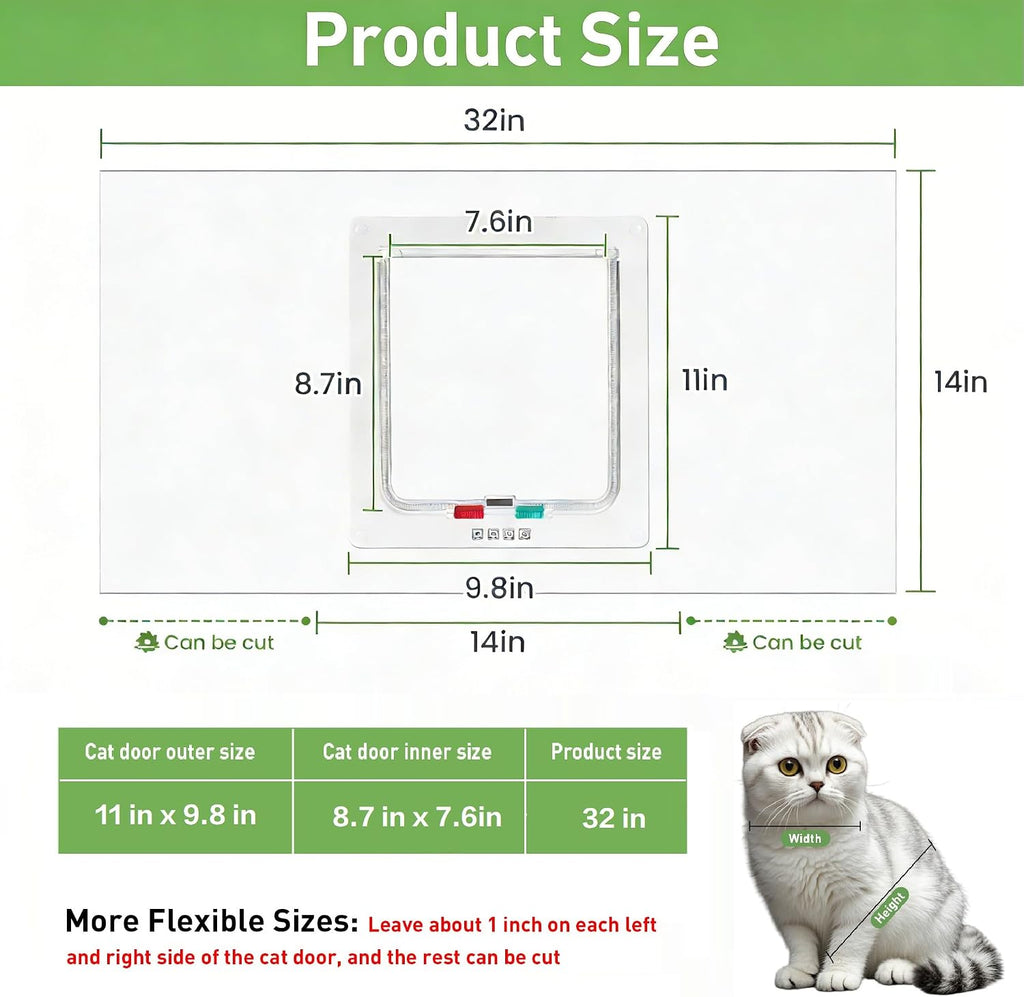 Cat Door for Window, Fits 22"-32" Width Window, with 4 Locking Modes, Clear