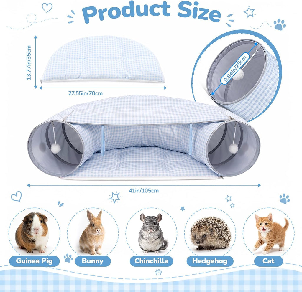 Bunny Tunnel Bed, 2-in-1 Collapsible Rabbit Guinea Pig Hideout, Blue