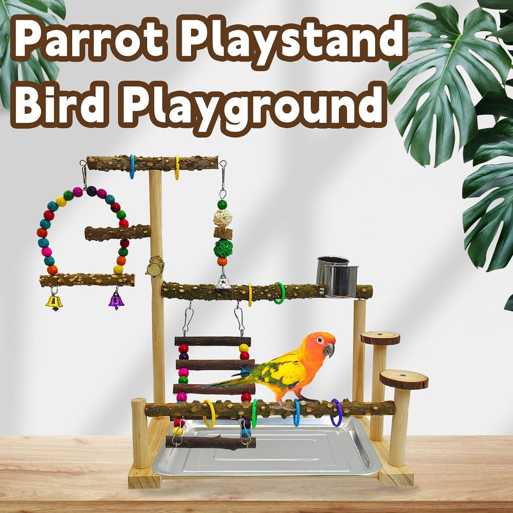 Parrot Play Stand Parakeet Playground Bird Jungle Gym Wood Conure Playstand Hanging Chewing Toys with Swings and Feeder Cups Bird Cage Accessories for Cockatiel Lovebirds Budgie