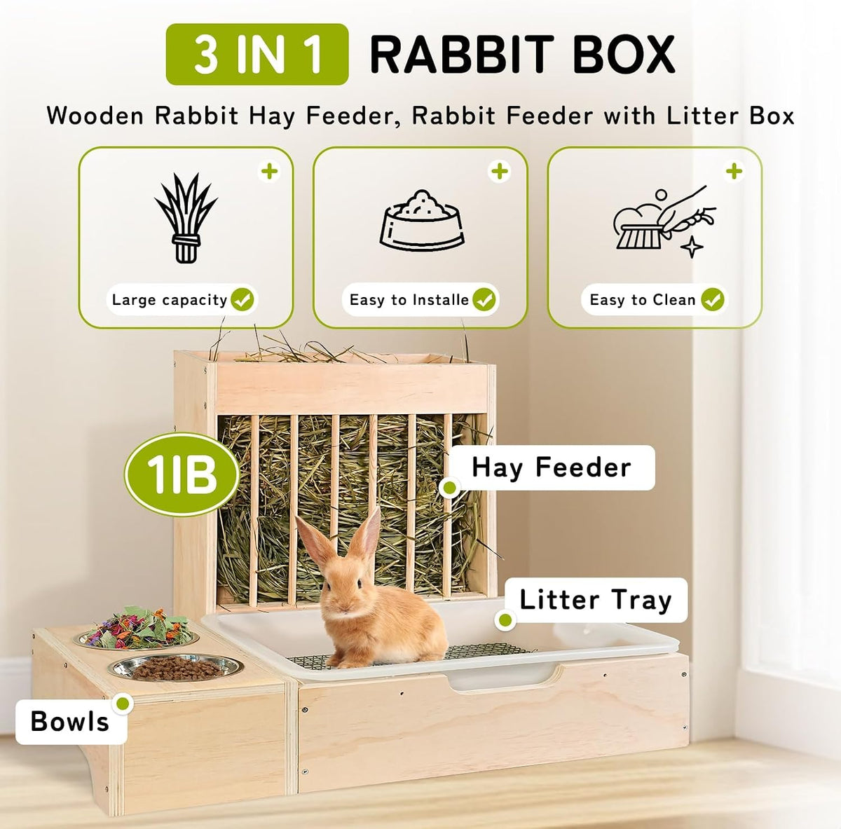 3 in 1 Extra Large Rabbit Hay Feeder with Litter Box, Wooden Bunny Toilet