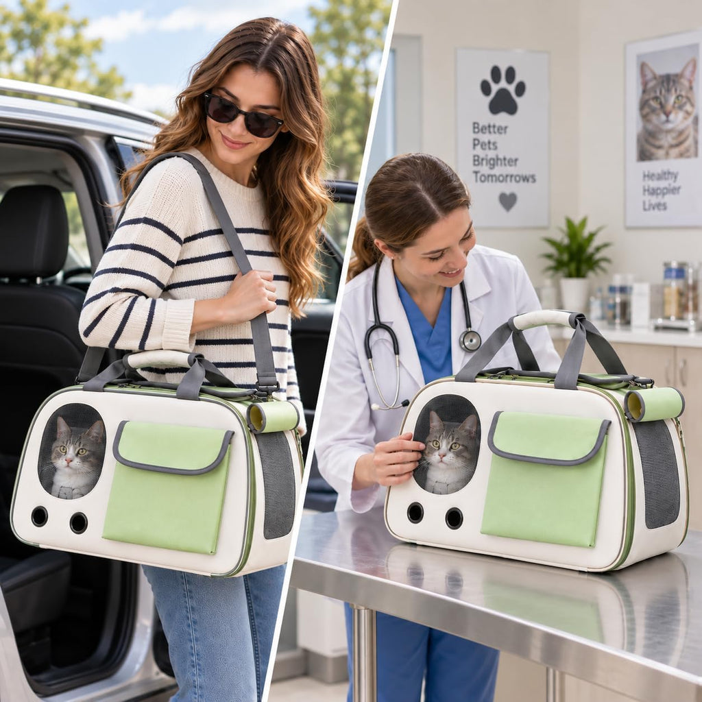 Soft-Sided Cat Carrier, 17.7“×10.2”×11“ Foldable Portable Pet Travel Bag, Cream & Green