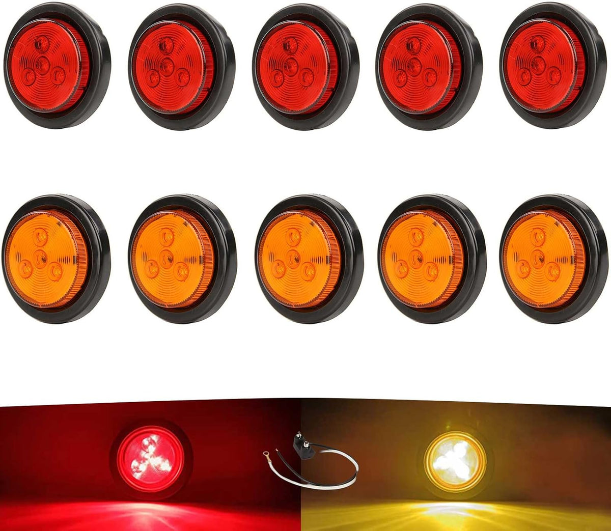 NEW SUN® 2" Round LED Trailer Lights 5 Red 5 Amber, High-bright PIRANHA LED