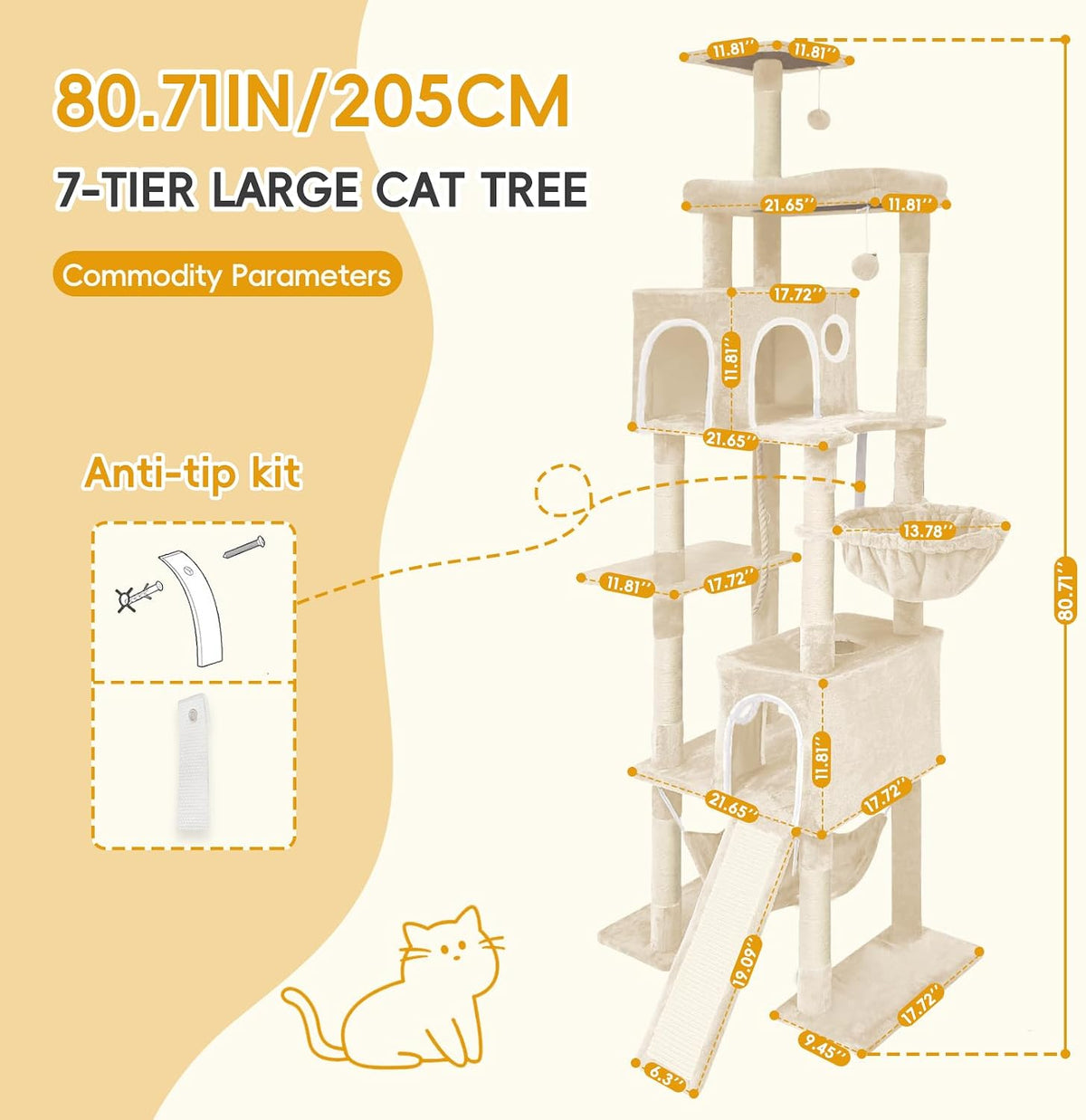 Large Multi-Level Cat Tree,80 Inches Tall with Sisal-Covered Scratching Posts, Condo, Hammock, Dangling Ball, and Extended Platform for Cats to Play and Sleep (Beige)