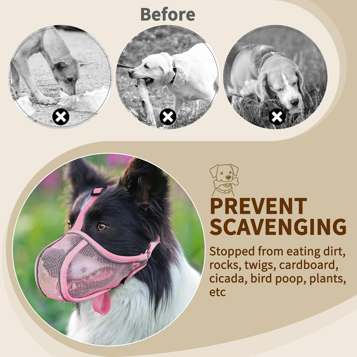 Mayerzon Dog Muzzle Mesh to Prevent Scavenging Biting Chewing | Pink, M