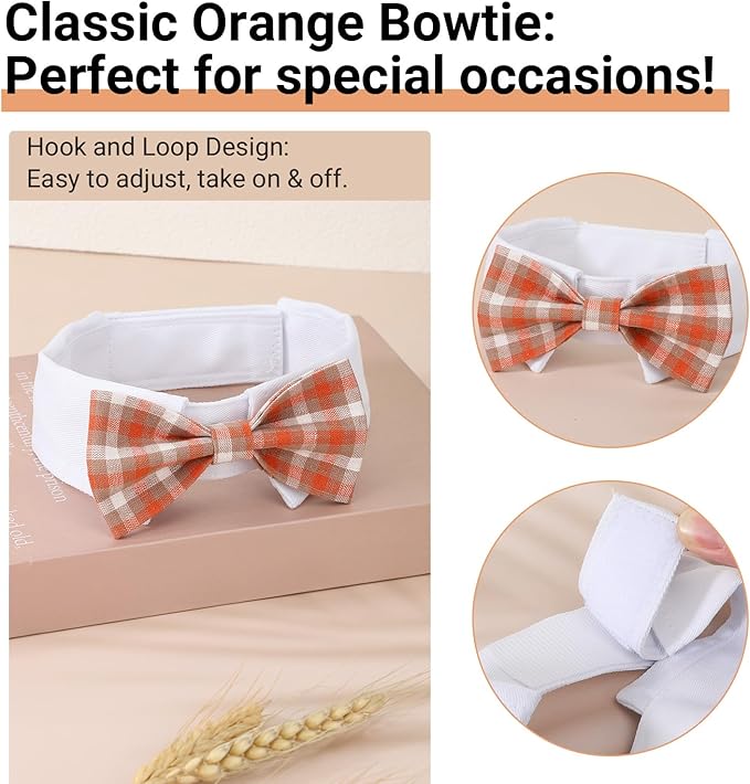 Segarty Dog Bow Tie, Adjustable Orange Plaid Bowtie Collar - Image 2