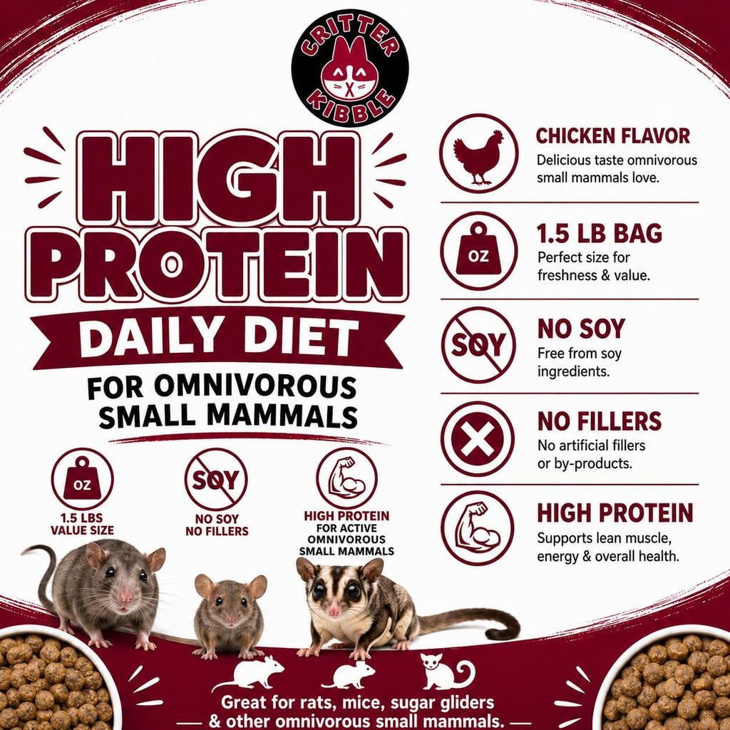 Suncoast Critter Kibble Small Animal Food - High Protein Critter Food for Rats, Mice, Sugar Gliders, and Exotic Pets - Complete Nutrition for Small Animals - 2 Months Supply 1.5 lbs