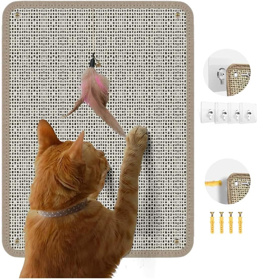 Cat Nail File Scratcher - Natural Sisal Scratch Mat with 80-Grit Aluminum Oxide, Adhesive Sheets & Expansion Screws for Secure Wall/Floor Mounting, Ideal for Trimming Cat Claws (16.53"x13.38")