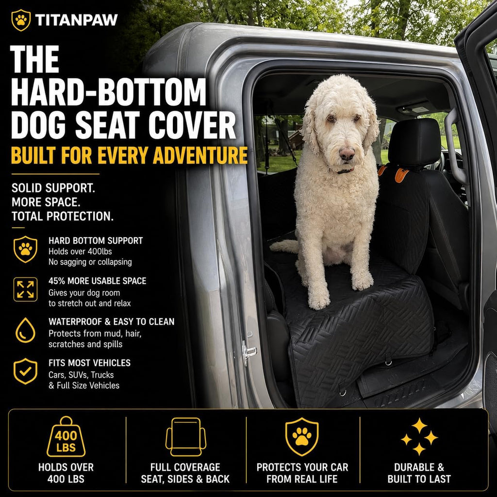 Hard-Bottom Dog Car Seat Cover for Back Seat, Flat Seat Extender for Large Dogs, Waterproof Non-Slip Pet Hammock with 400 lb Support, Fits SUVs, Trucks & Cars