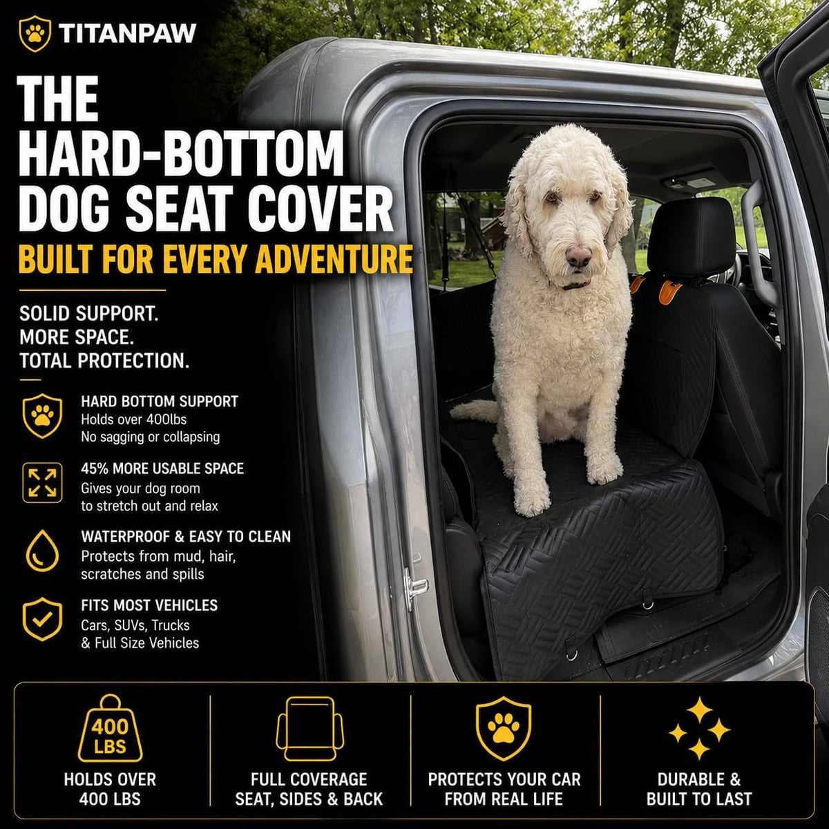 Hard-Bottom Dog Car Seat Cover for Back Seat, Flat Seat Extender for Large Dogs, Waterproof Non-Slip Pet Hammock with 400 lb Support, Fits SUVs, Trucks & Cars