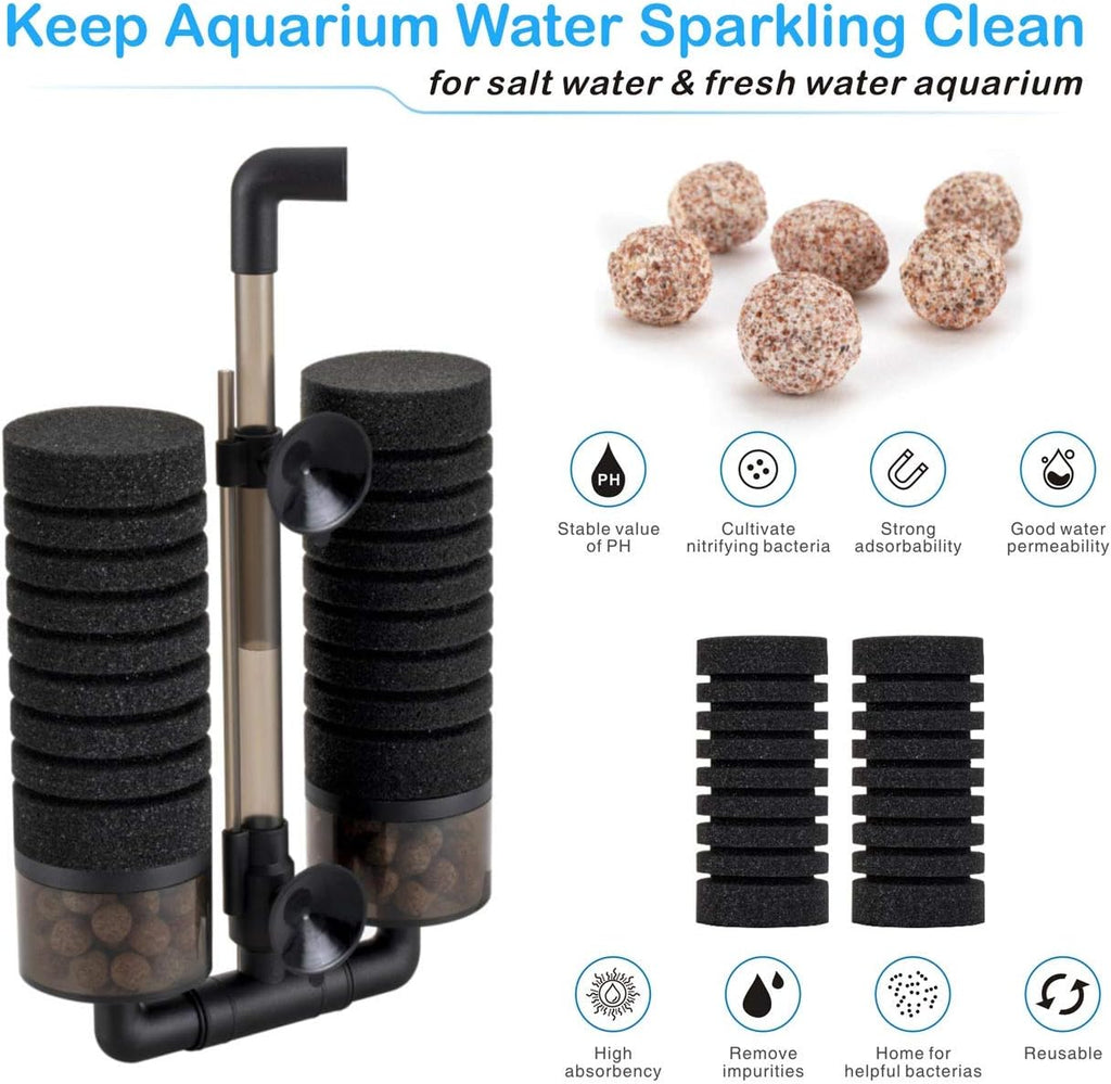 Hygger Aquarium Double Sponge Filter, Comes with 2 Spare Sponges, 1 Bag of Bio Ceramic Media Balls, Quiet Submersible Foam Filter for Fresh Water and Salt-Water Fish Tank (M)