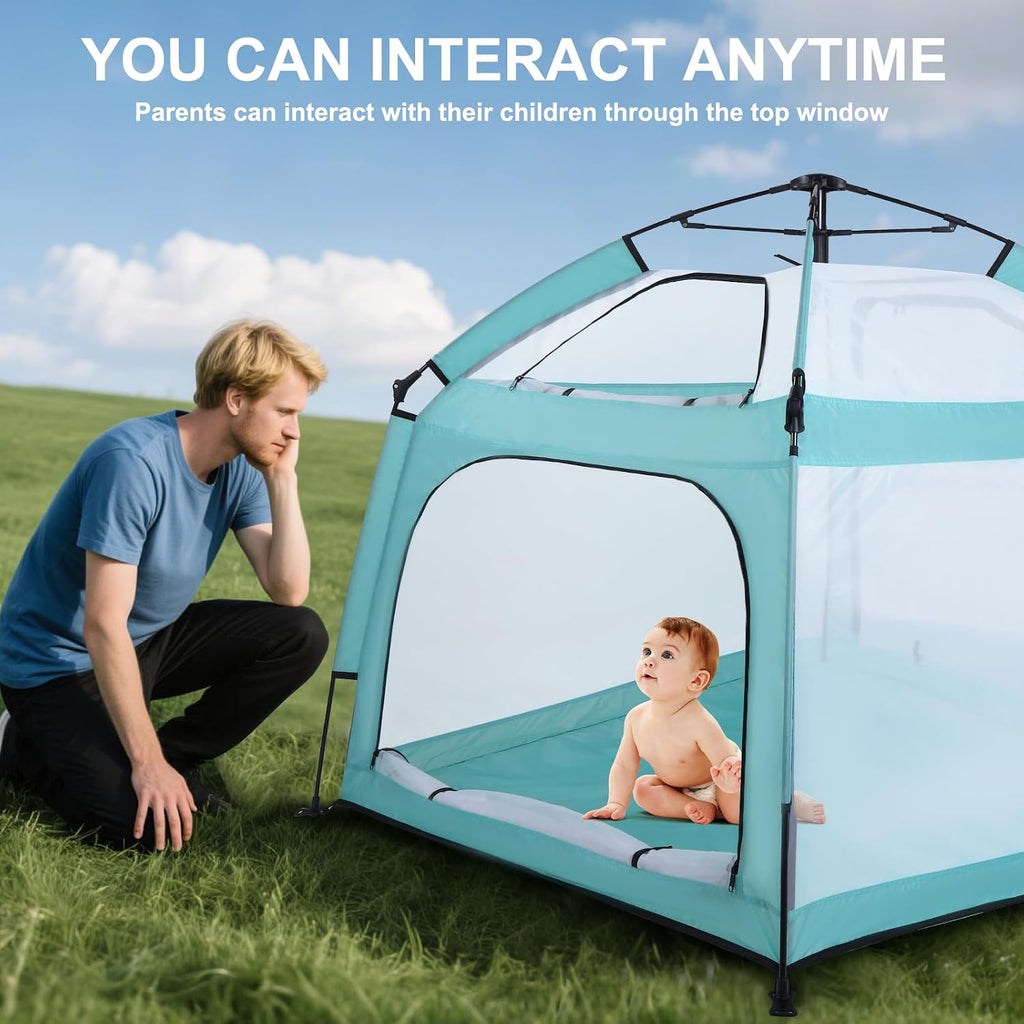 Bend River Baby Playpen with Canopy, Square Toddler Beach Tent (Green)