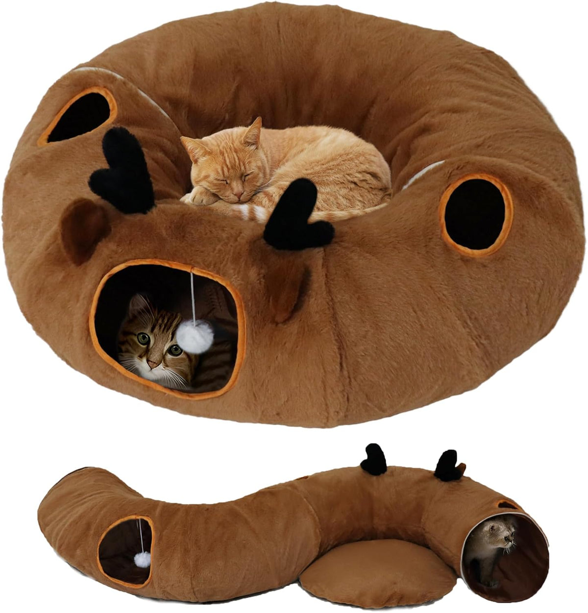 Cat Tunnel Bed for Indoor Cats with Washable Cushion Cat Cave Donut Tunnel with Fluffy Ball Big Round Tube Pet Playground Toys Soft Plush Peekaboo for Kitten, Cat, Puppy, Rabbit, Ferret（Brown）